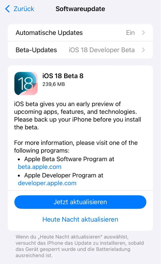 琼中苹果手机维修分享苹果 iOS / iPadOS 18 开发者预览版 Beta 8 发布 